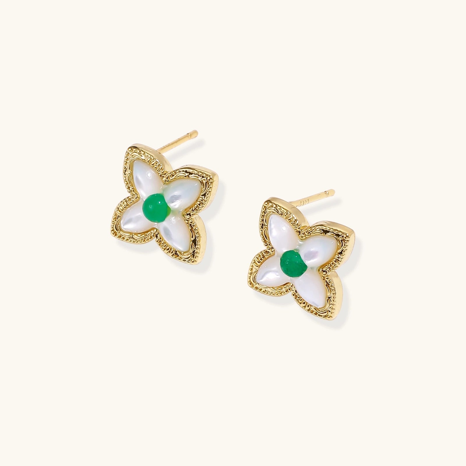 Pearled Emerald Clover Stud Earrings
