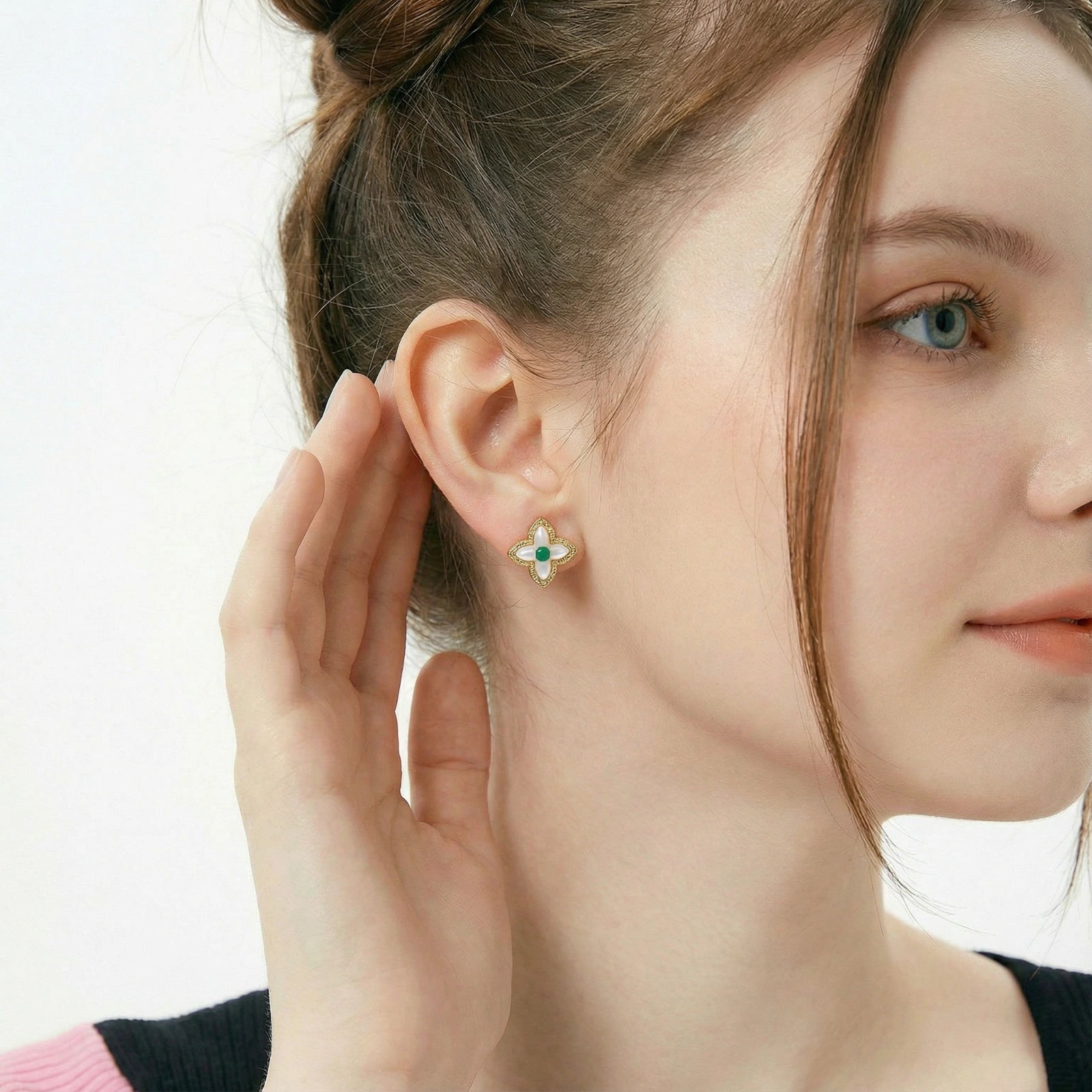 Pearled Emerald Clover Stud Earrings